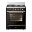 ILVE Majestic III 30-inch Dual Fuel Range with 5 Liquid Propane Burner and Triple Glass Door Electric Oven in Glossy Black with Copper Trim (UM30NR3BKPLP)