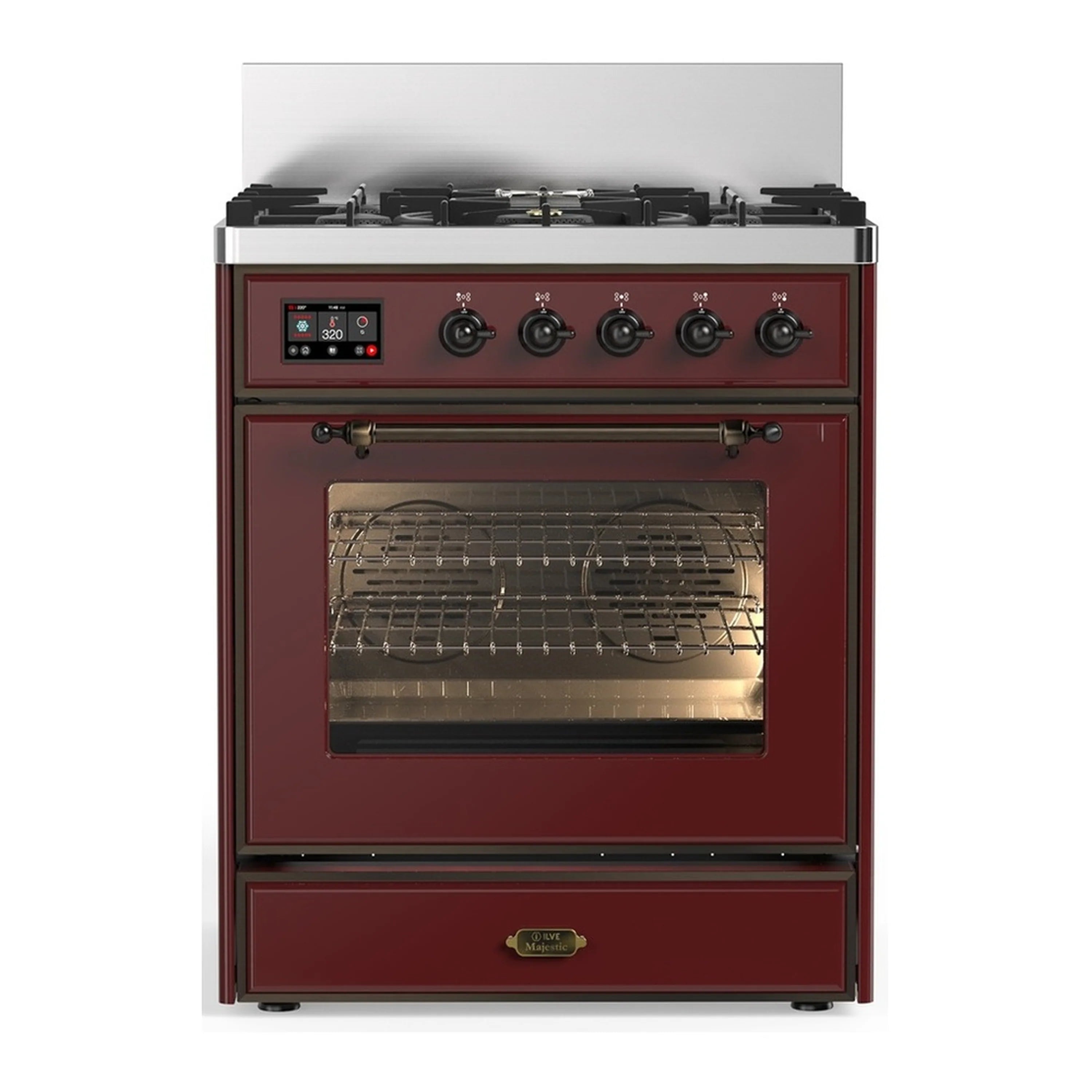 Dual fuel range in burgundy with oven door window and control knobs