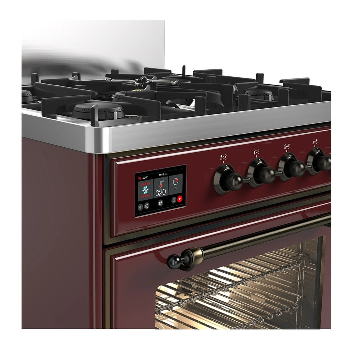 Dual fuel range control panel with knobs, oven door open, and baking racks visible