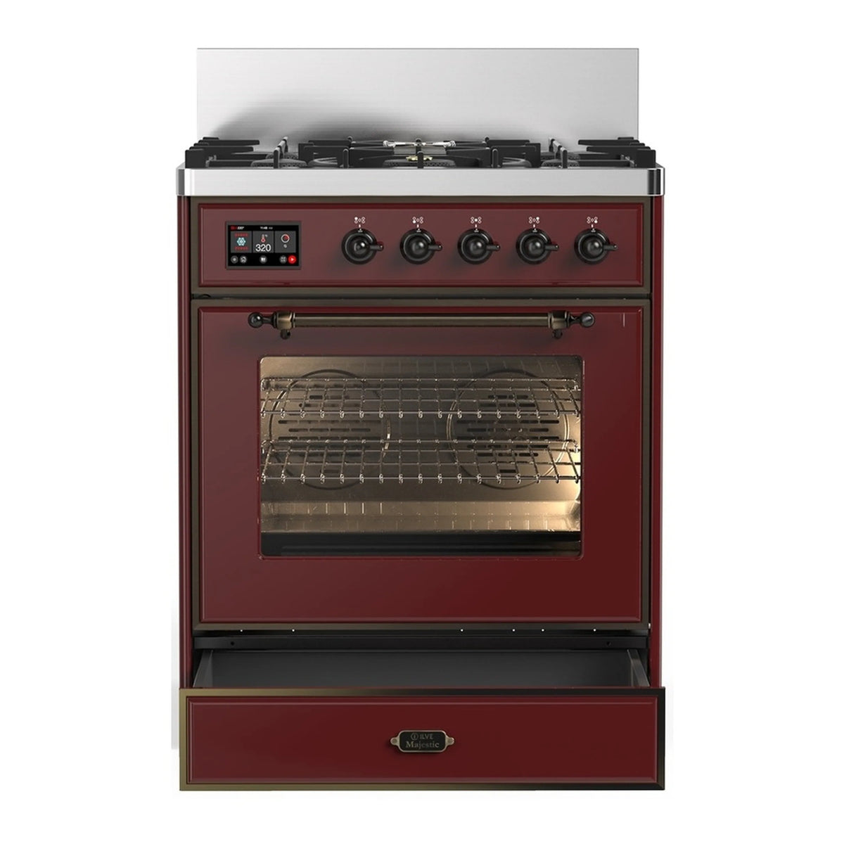 Dual fuel range in burgundy with black grates, front controls, and oven window