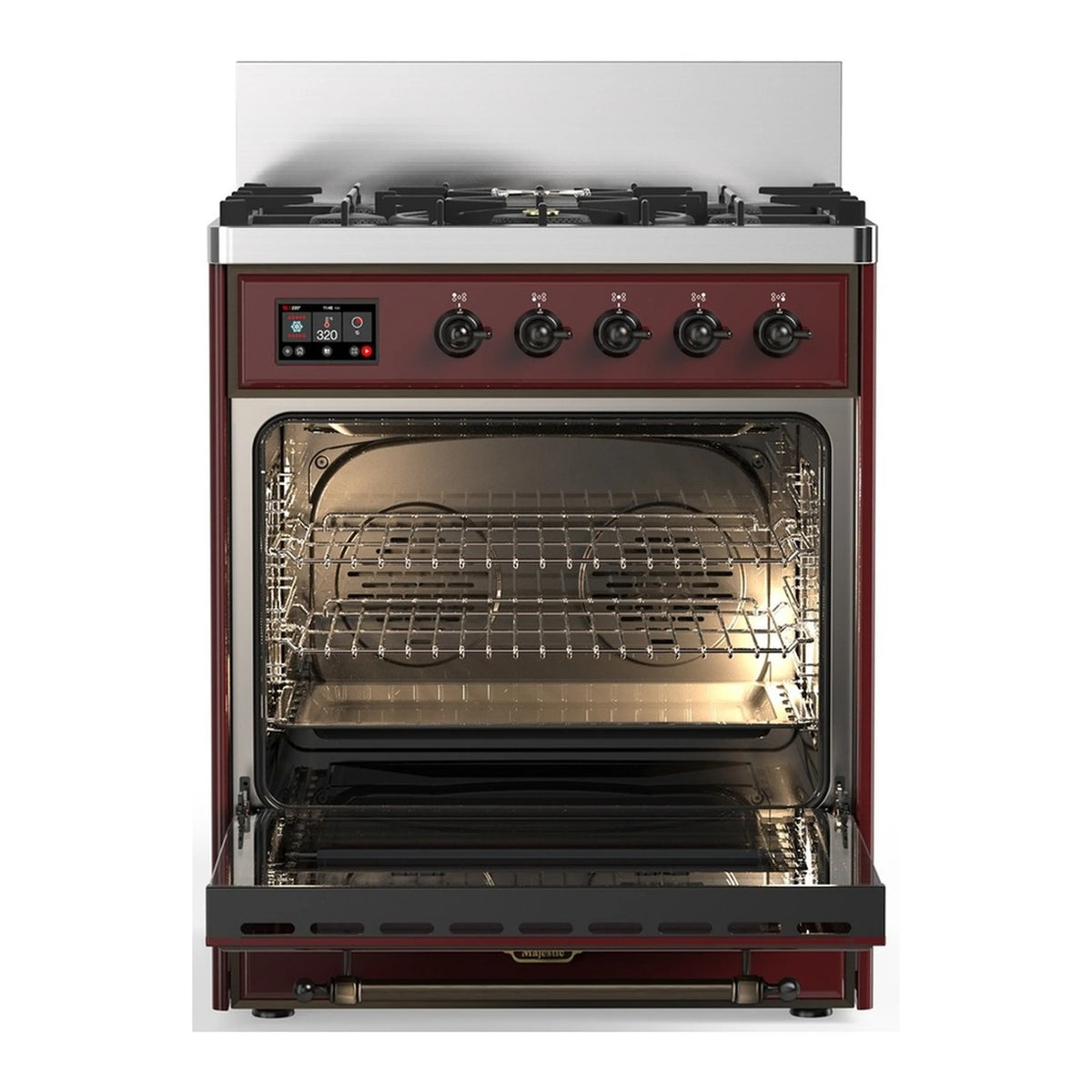 Dual fuel range with burgundy front and open oven door showing wire racks
