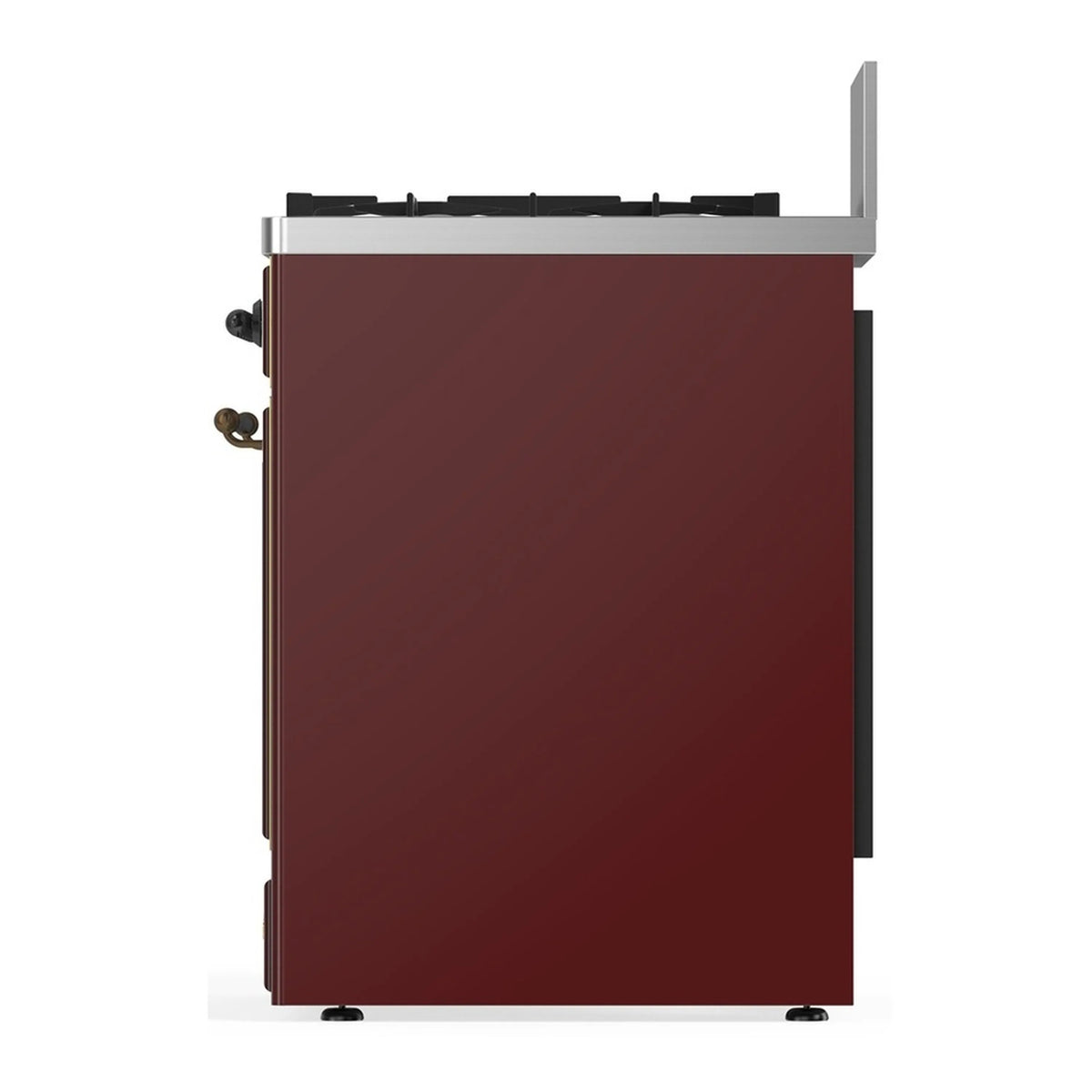 Burgundy dual fuel range side view with control-free back panel and stainless accents