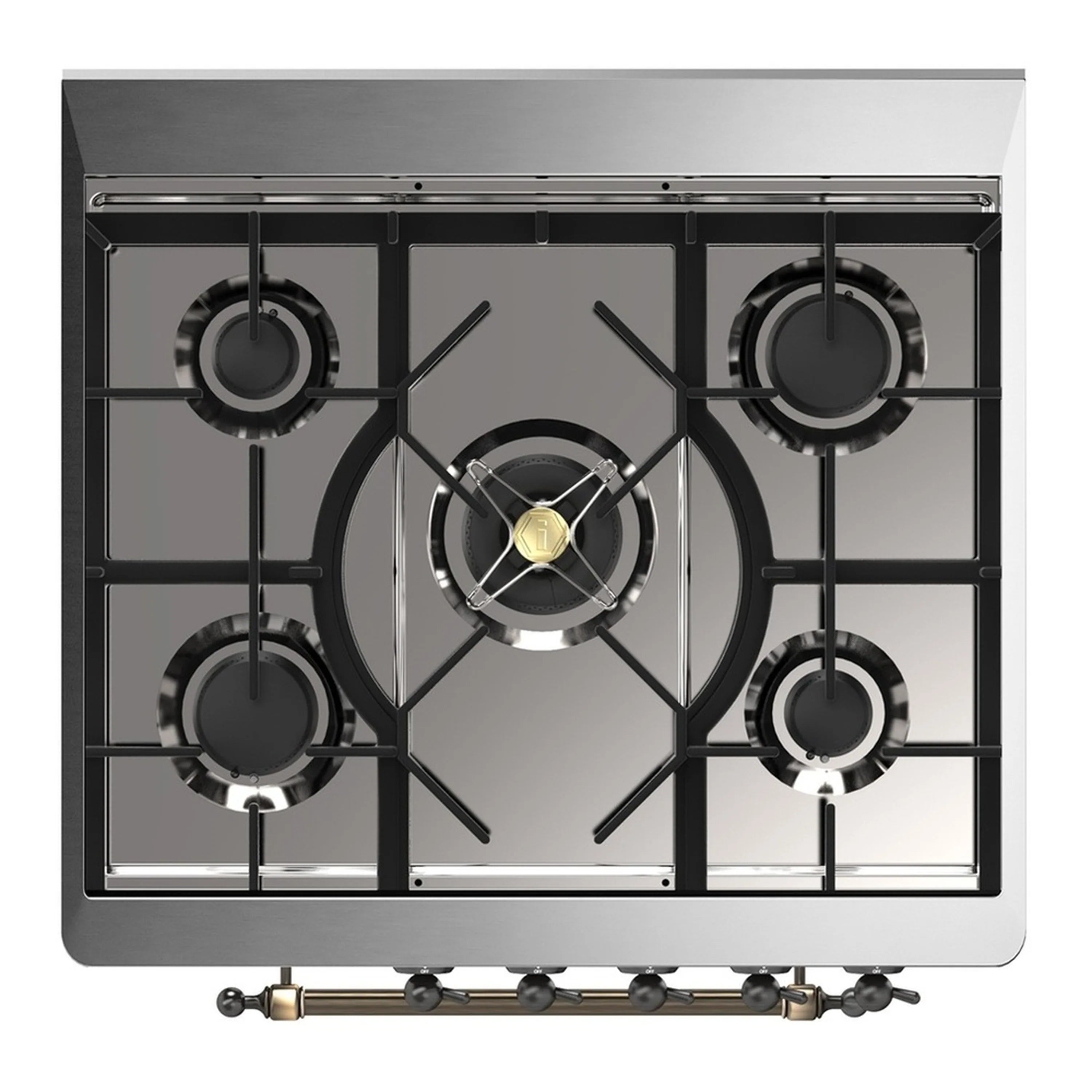 Dual fuel cooktop with black grates and five natural gas burners