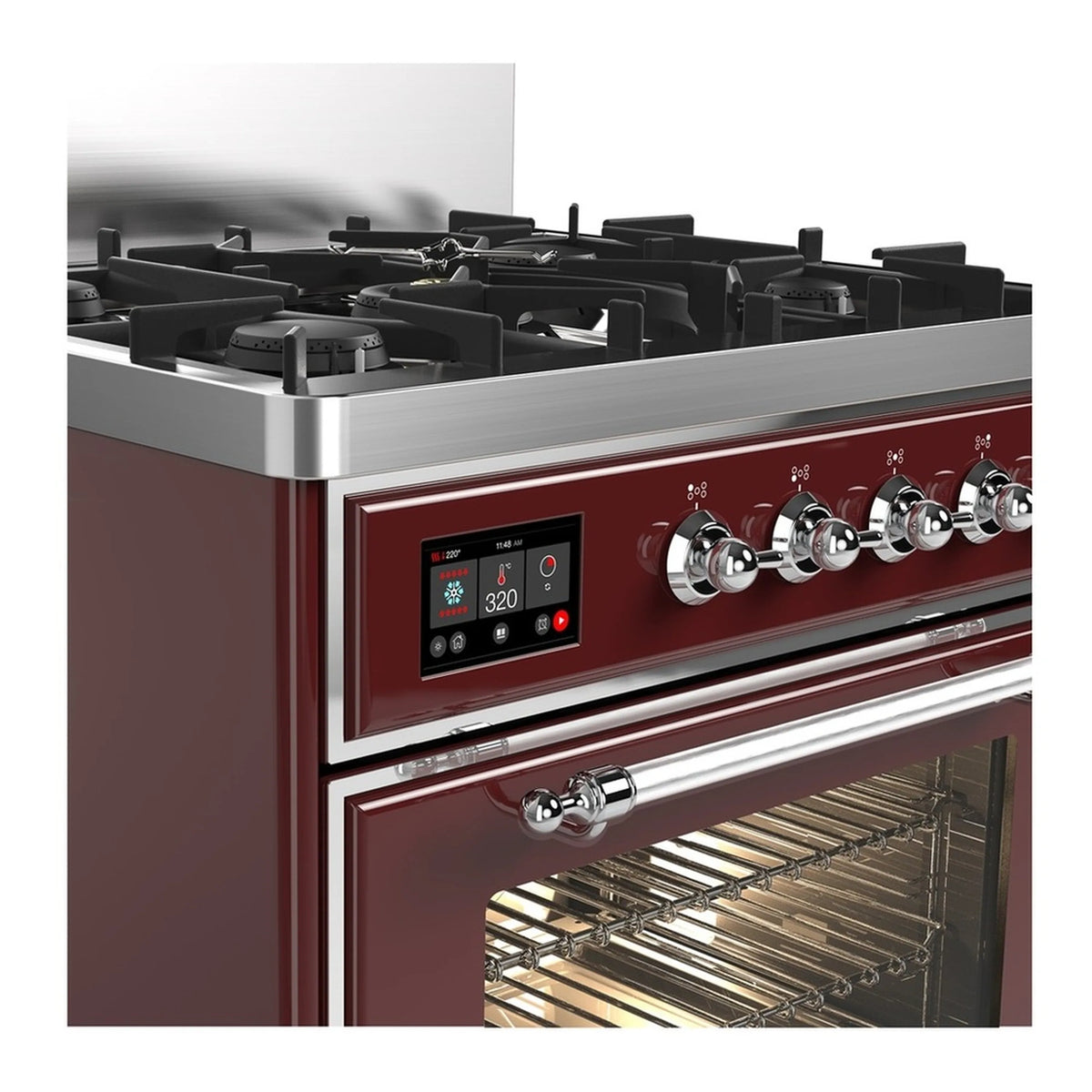 Burgundy dual fuel range control panel with chrome knobs and open electric oven door