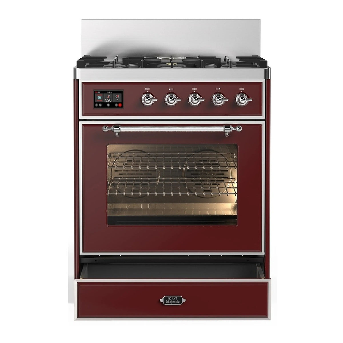 Burgundy dual fuel range with closed electric oven and 5 gas burners, chrome accents