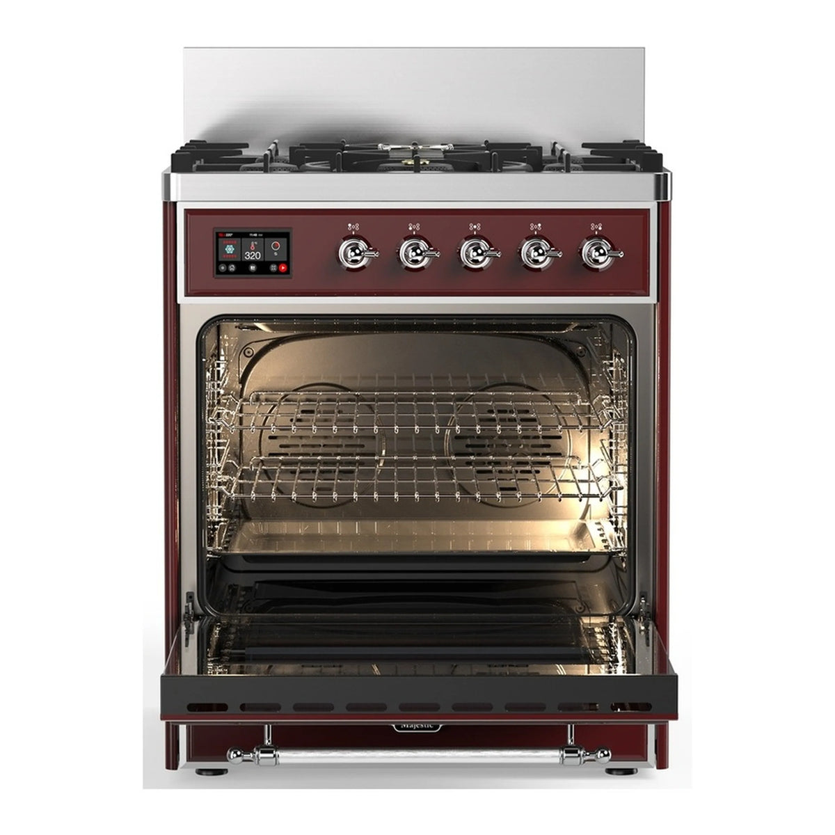 Burgundy electric oven interior with racks and triple-glass door, chrome trim