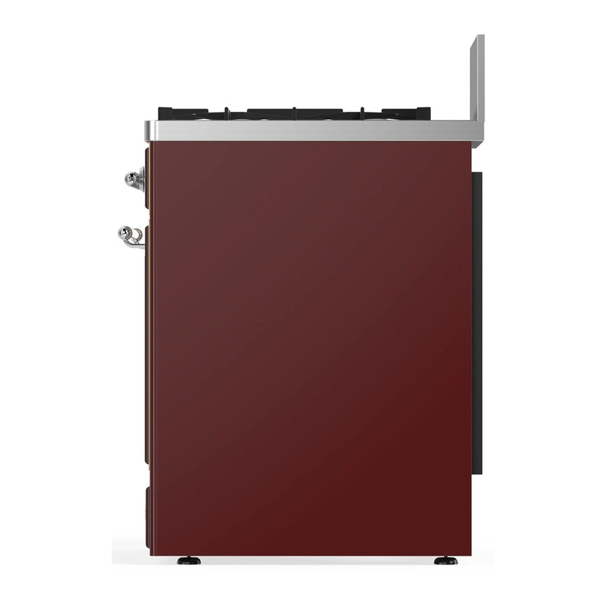 Burgundy dual fuel range side view with chrome handle and burner panel cover
