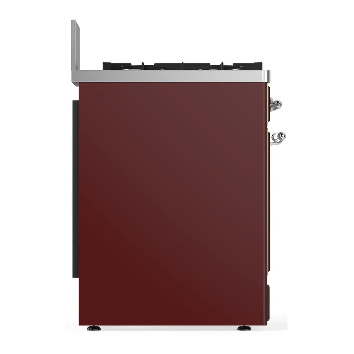 Burgundy dual fuel range back corner view with chrome trim and ventilation panel