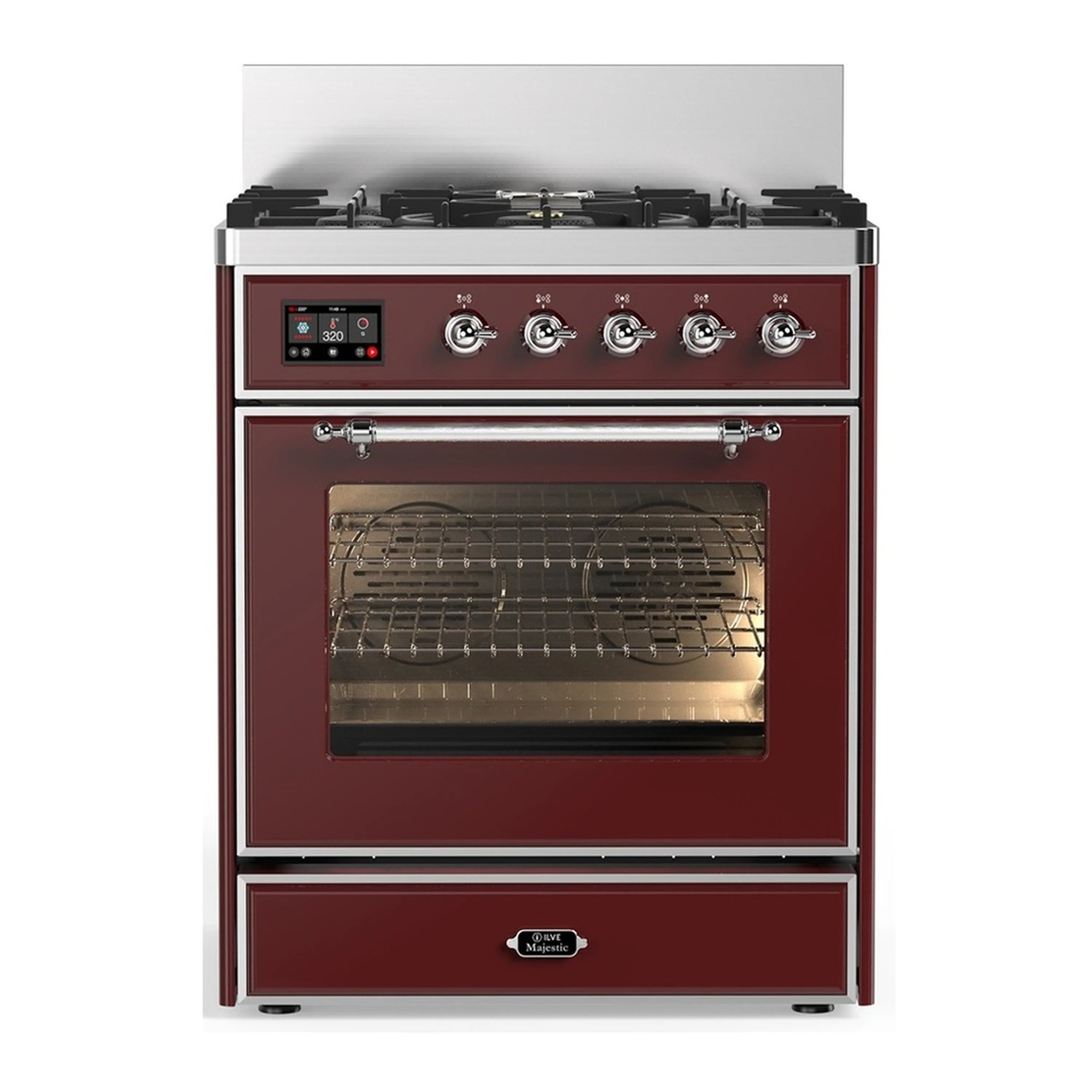 Burgundy dual fuel range with chrome trim, five burners, and triple-glass oven door