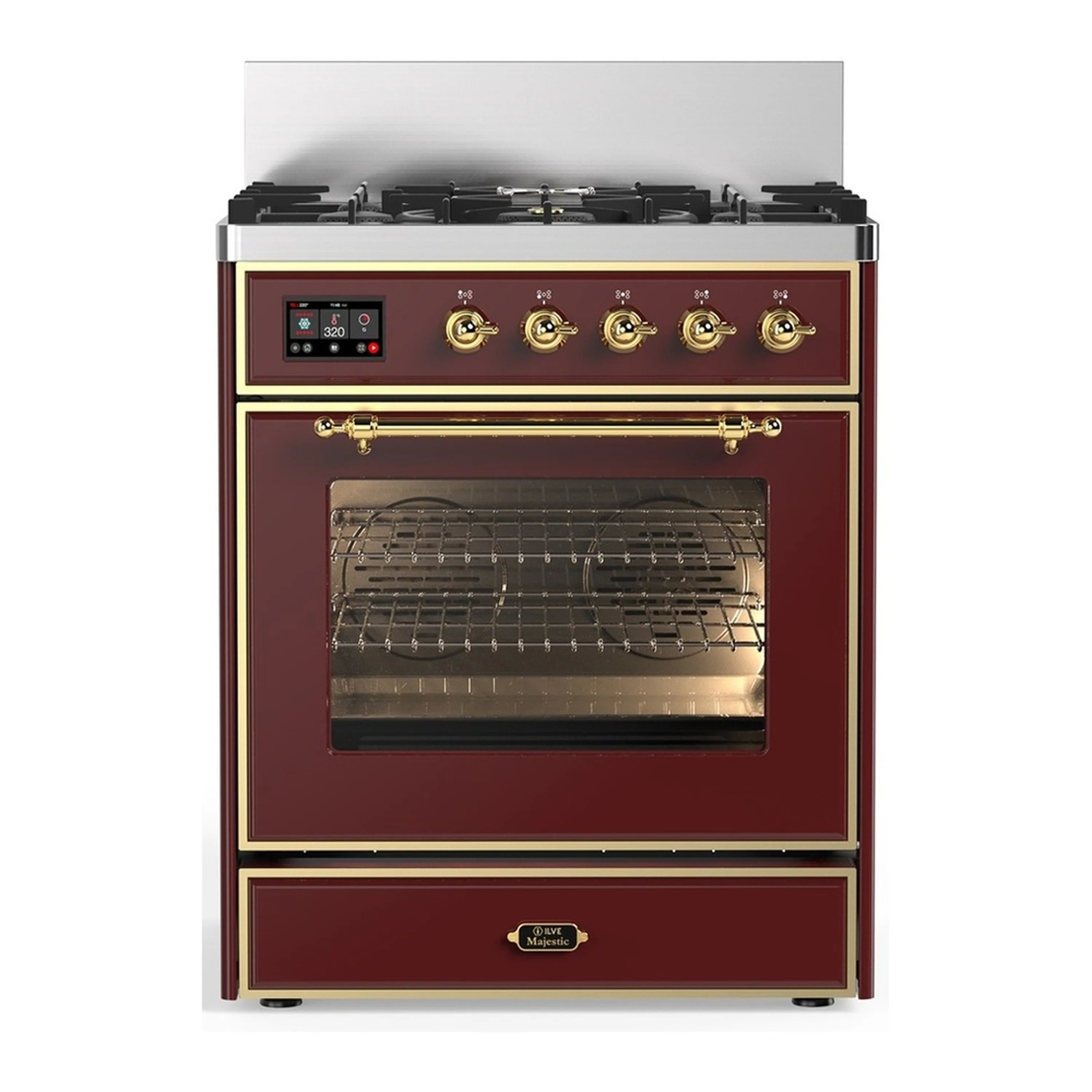 Burgundy dual fuel range with brass trim, triple-pane oven door and 5 burners