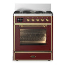 ILVE Majestic III 30-inch Dual Fuel Range with 5 Liquid Propane Burner and Triple Glass Door Electric Oven in Burgundy with Brass Trim (UM30NR3BUGLP)