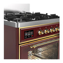 ILVE Majestic III 30-inch Dual Fuel Range with 5 Natural Gas Burner and Triple Glass Door Electric Oven in Burgundy with Brass Trim (UM30NR3BUG)