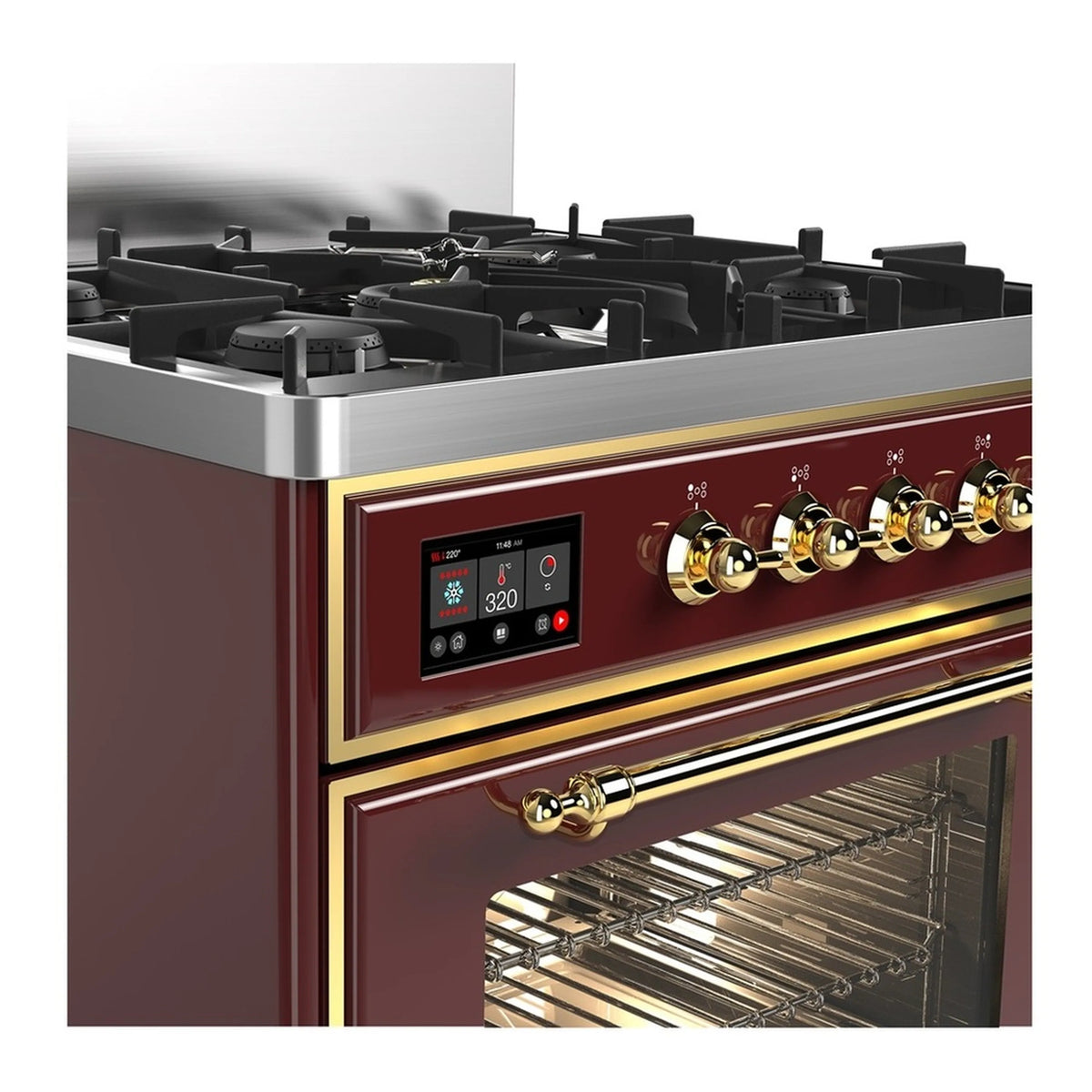 Burgundy dual fuel range control panel with brass knobs and open oven door glimpse