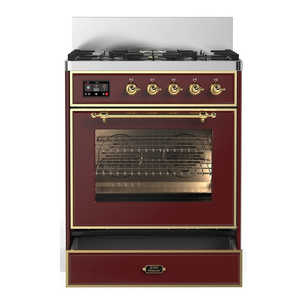 Burgundy dual fuel range with brass-trimmed triple-glass oven door and 5 burners