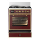 ILVE Majestic III 30-inch Dual Fuel Range with 5 Liquid Propane Burner and Triple Glass Door Electric Oven in Burgundy with Brass Trim (UM30NR3BUGLP)