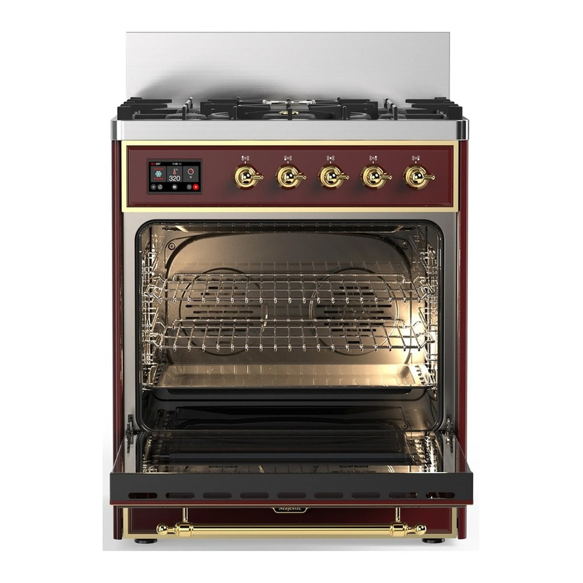 Burgundy dual fuel range with brass accents and open oven showing wire racks