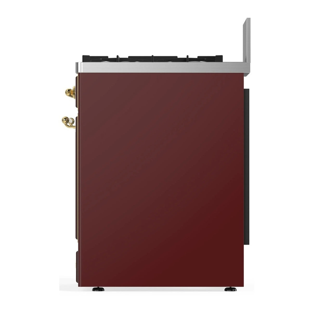 Burgundy dual fuel range side view with brass handle and black cooktop grates