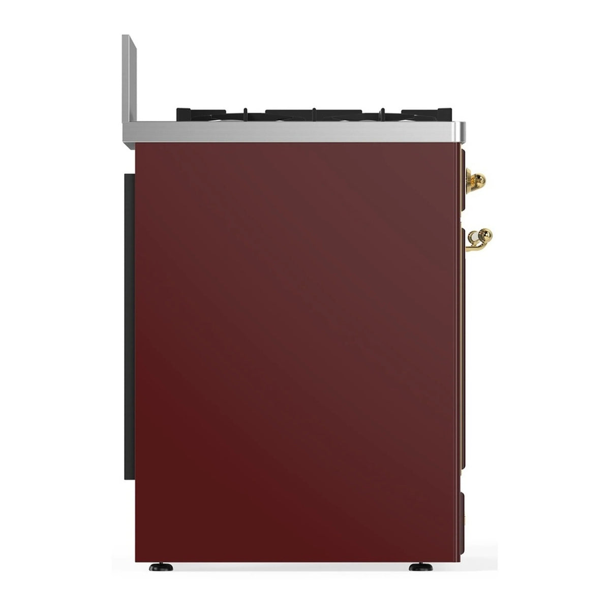 Burgundy range side panel with brass handle hardware and black side edges