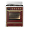 ILVE Majestic III 30-inch Dual Fuel Range with 5 Natural Gas Burner and Triple Glass Door Electric Oven in Burgundy with Brass Trim (UM30NR3BUG)
