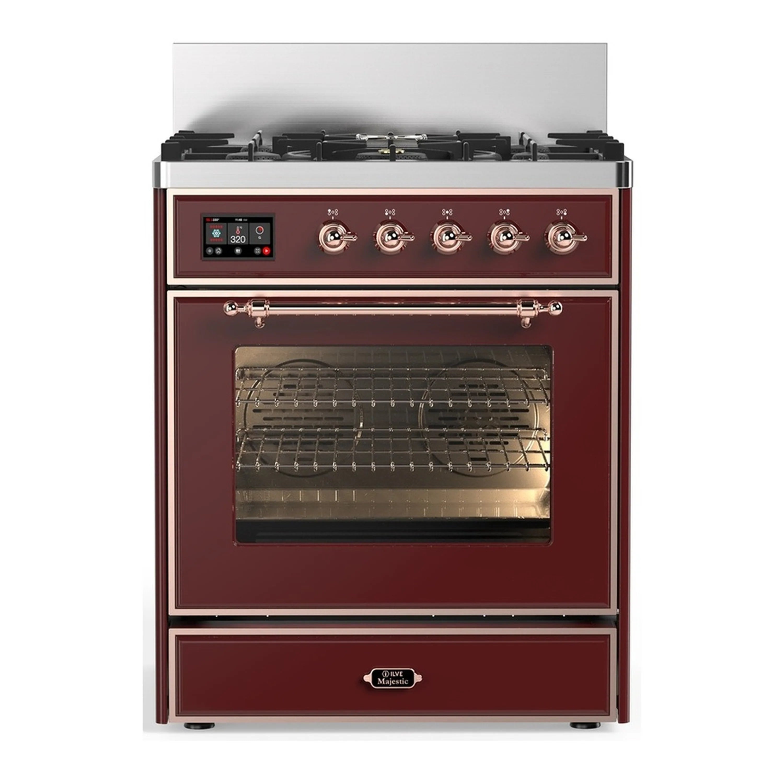 Burgundy dual fuel range with copper trim, front controls, and oven cavity through glass