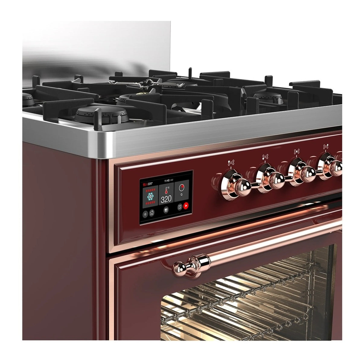 Burgundy dual fuel range front close-up: copper knobs, digital display, and open oven
