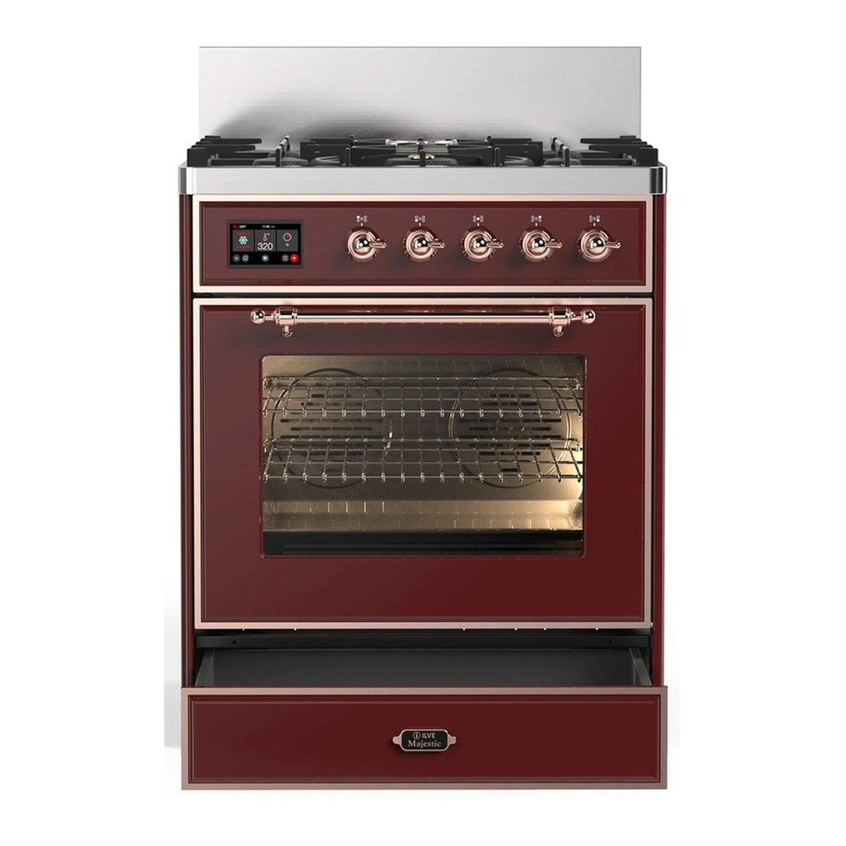 Burgundy dual fuel range with copper trim, control panel, burner grates, closed oven door