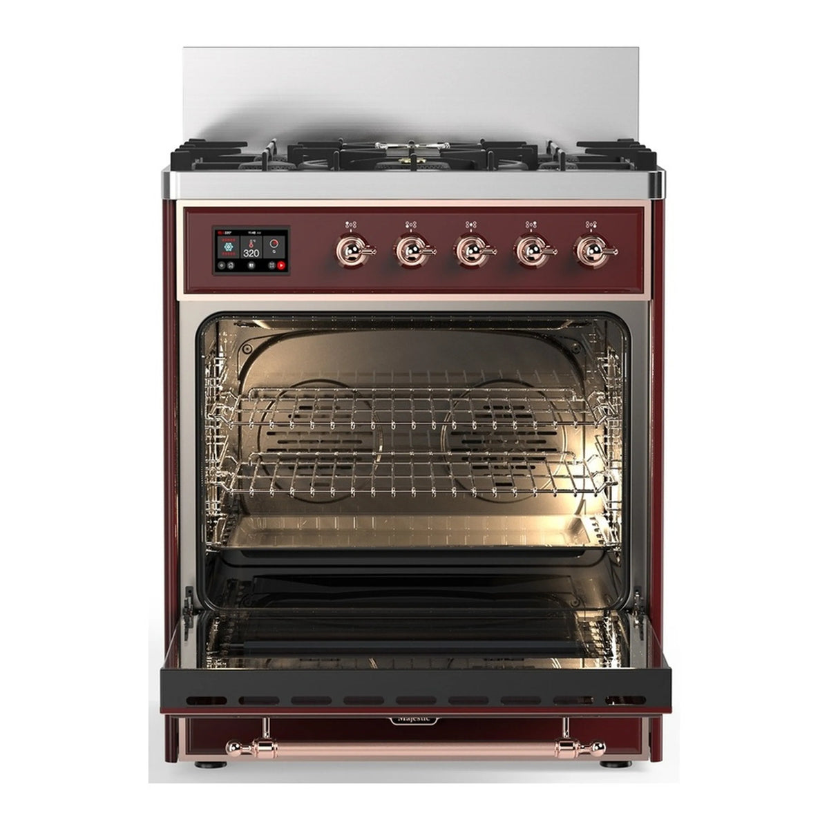 Burgundy dual fuel range with copper trim, oven door open and wire rack inside