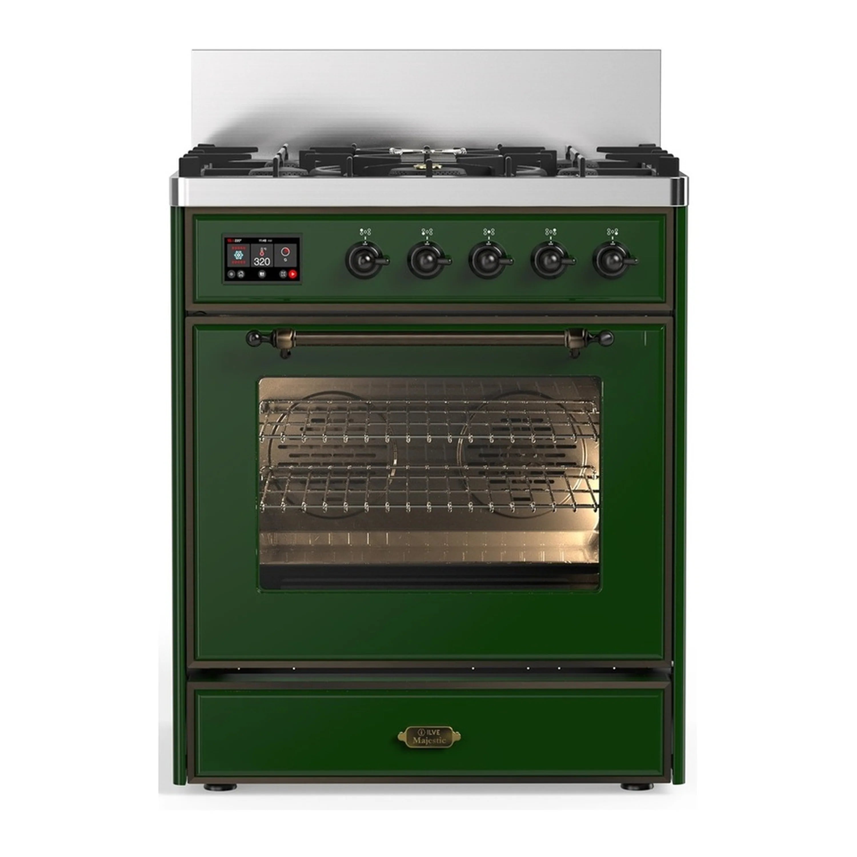 ILVE emerald green dual fuel range with 5 burners and triple-glass oven door