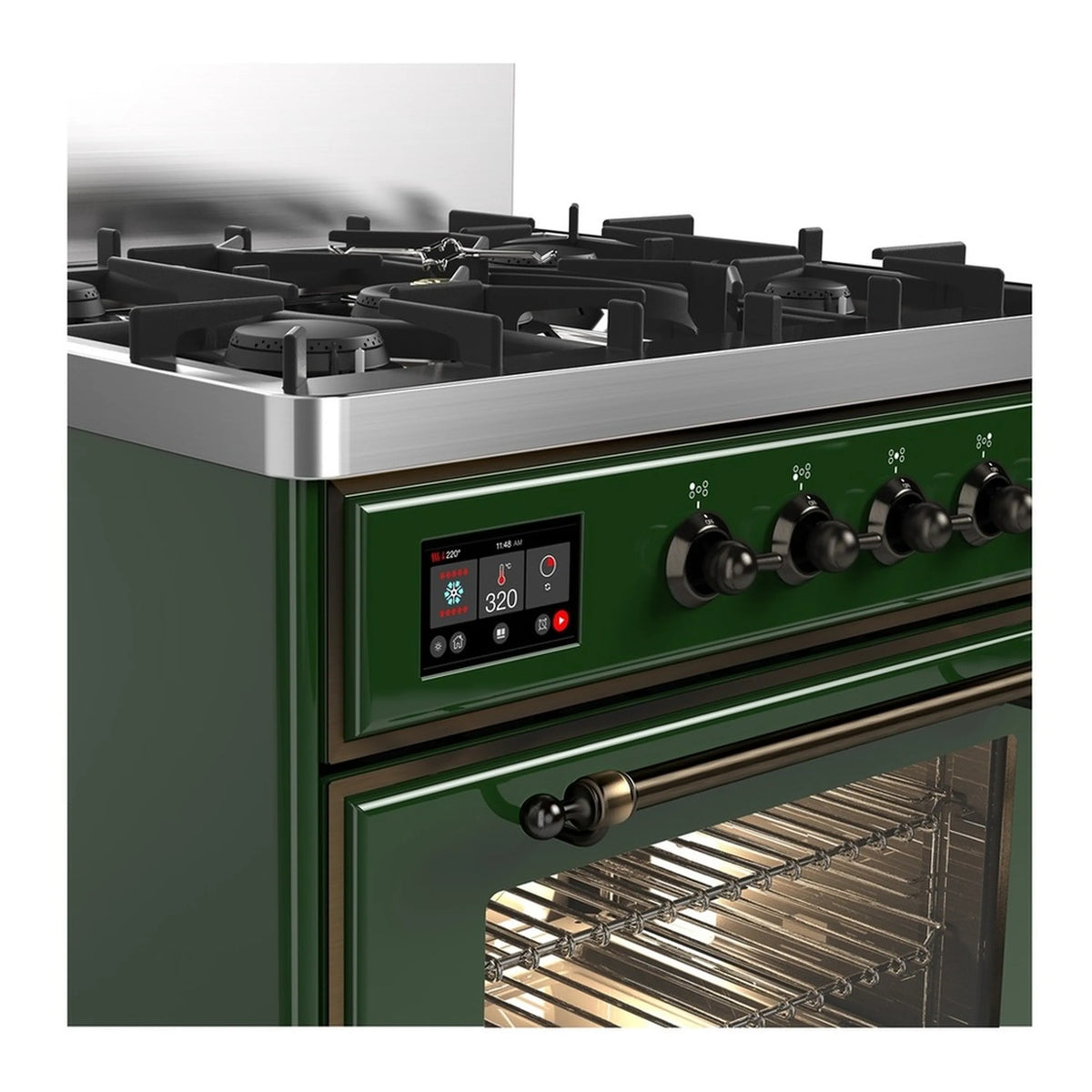 ILVE emerald green range with front control panel and open oven with racks