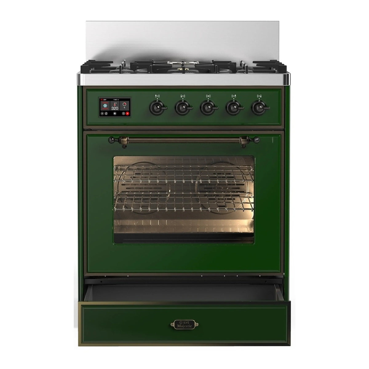 ILVE emerald green dual fuel range showing oven window, control knobs, and burner knobs