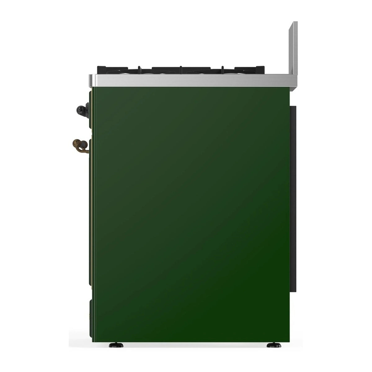 Emerald green dual fuel range back panel with stainless top and side hardware
