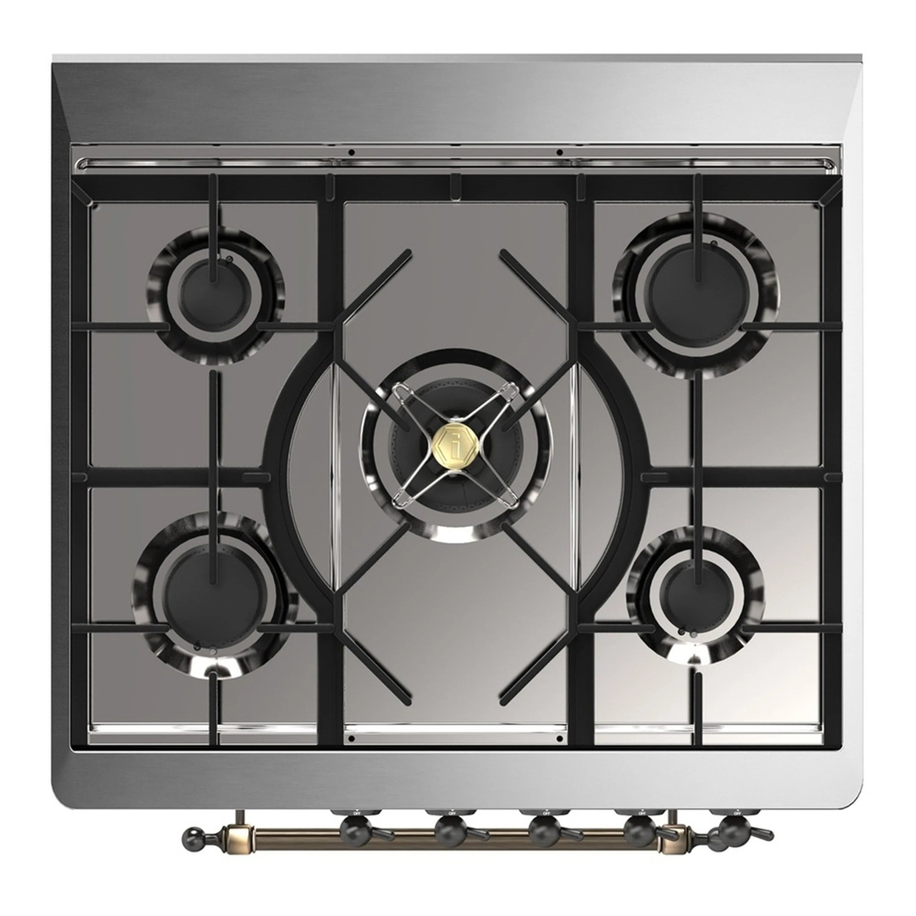 ILVE emerald green cooktop with 5 natural gas burners and black cast-iron grates