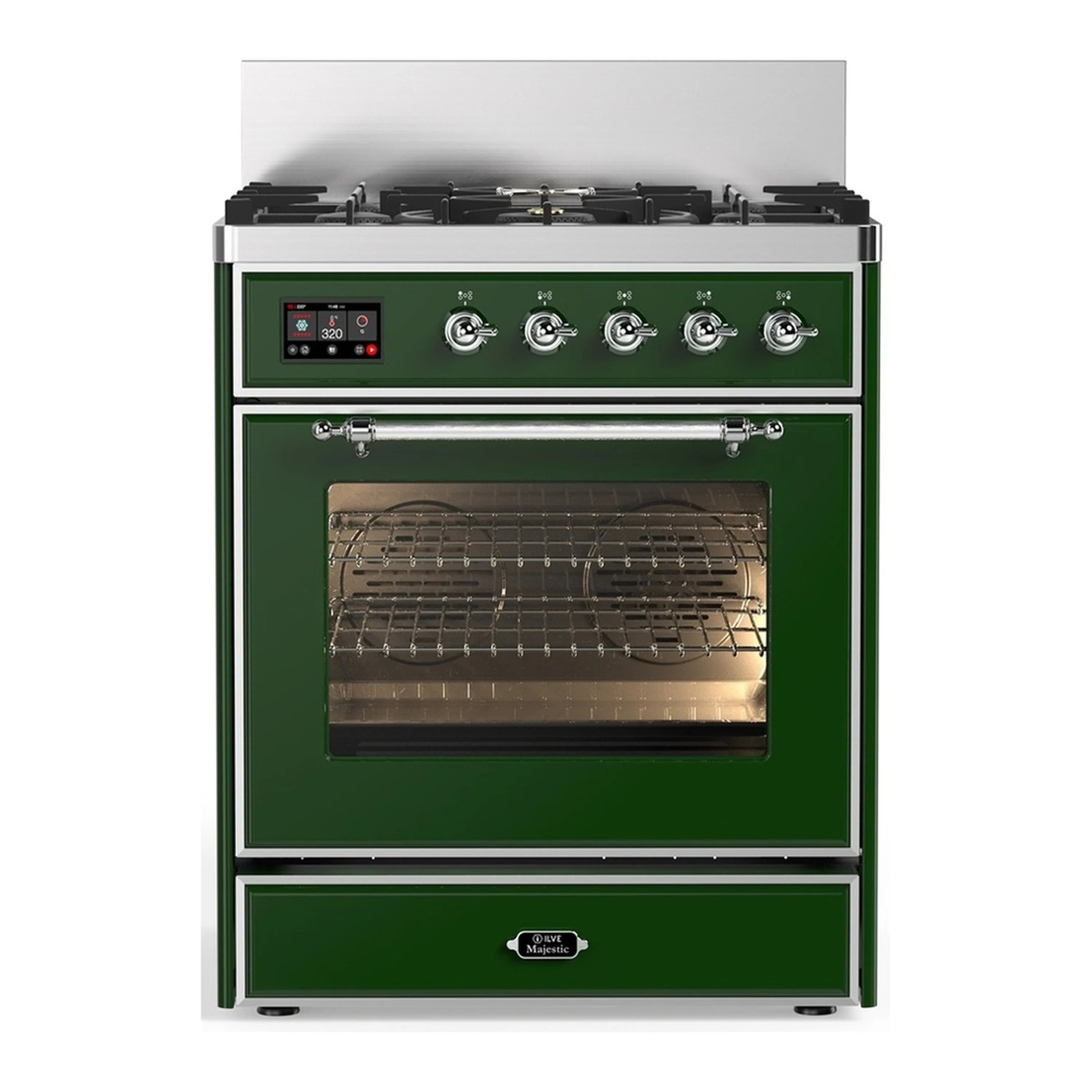 Emerald green dual fuel range with chrome-trim control panel and oven door