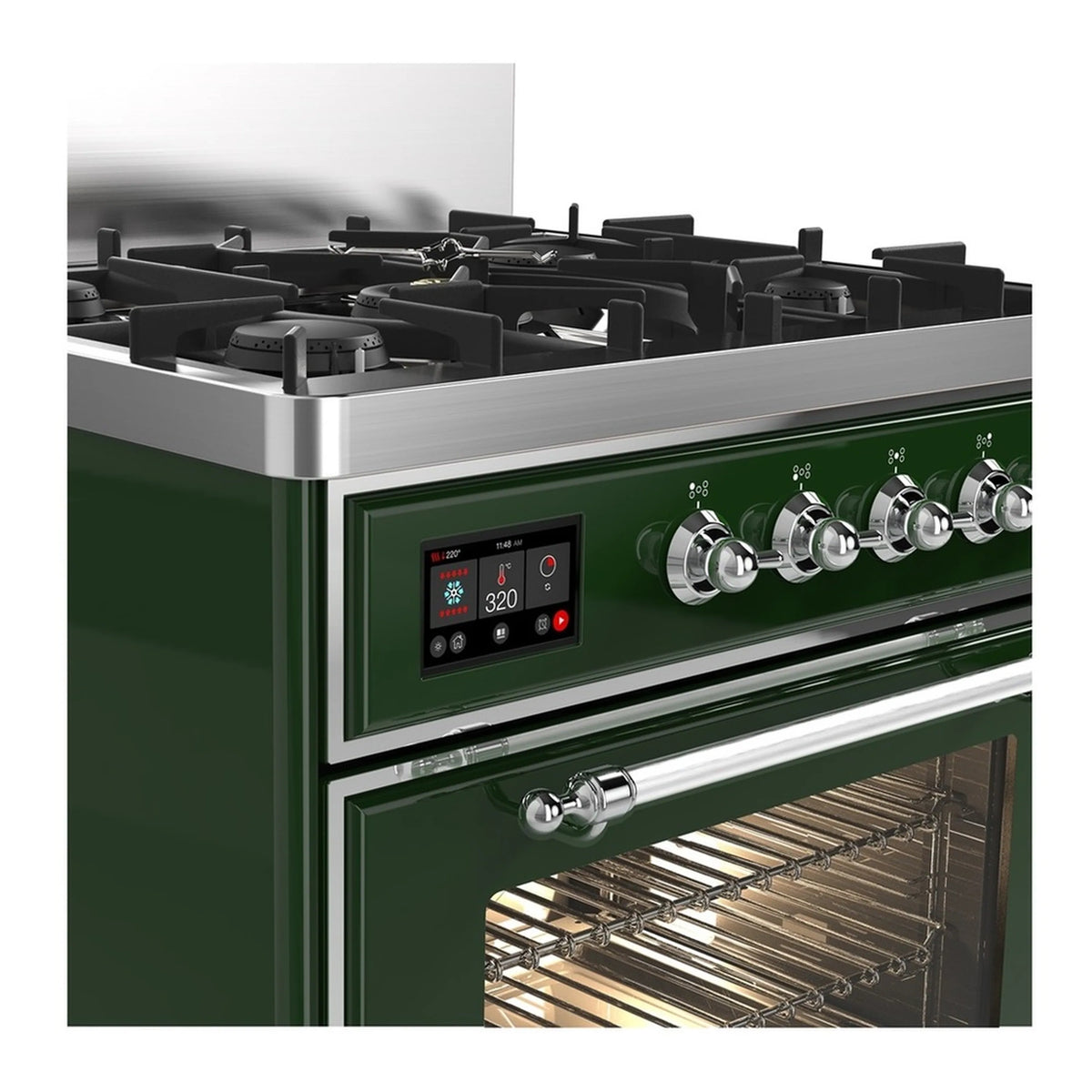 Emerald green dual fuel range with chrome control panel and open oven door rack