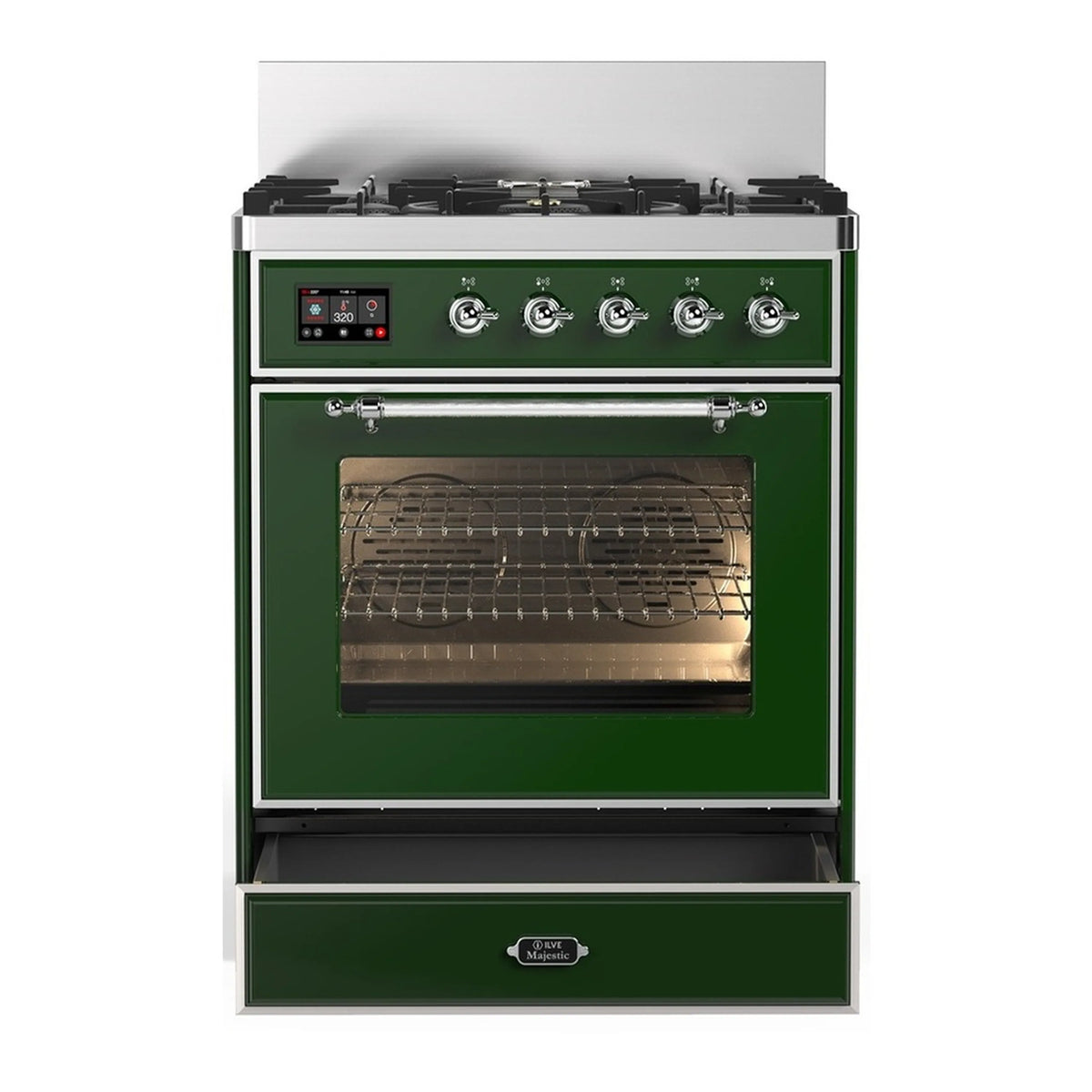 Emerald green dual fuel range with closed oven door, stove knobs, and chrome handles