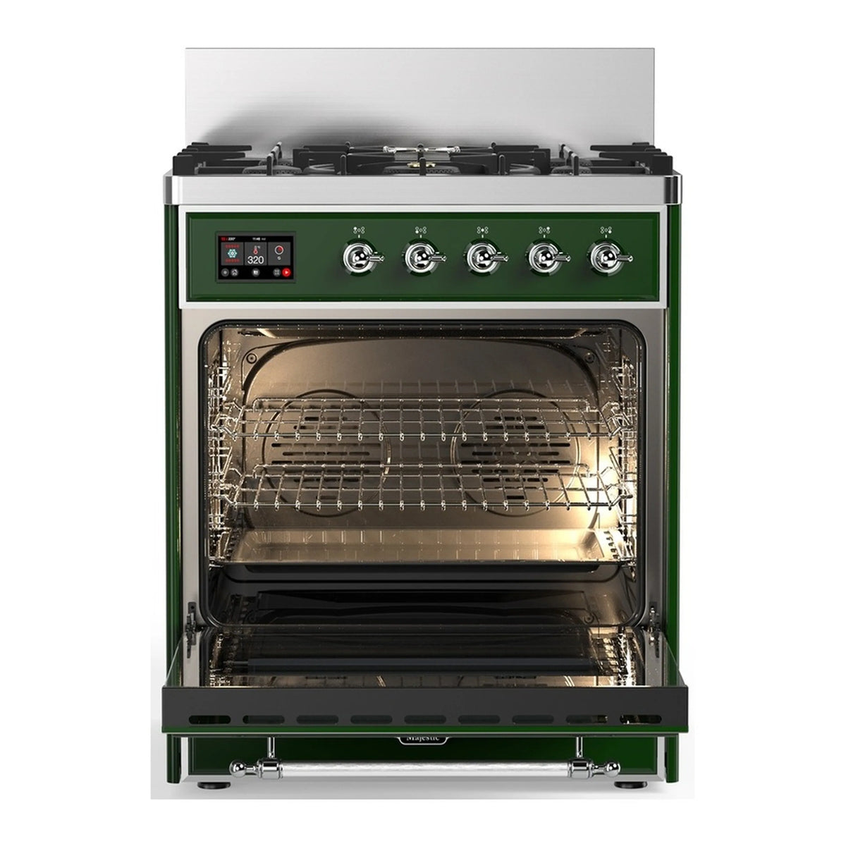 Emerald green dual fuel range with open oven door and interior wire rack