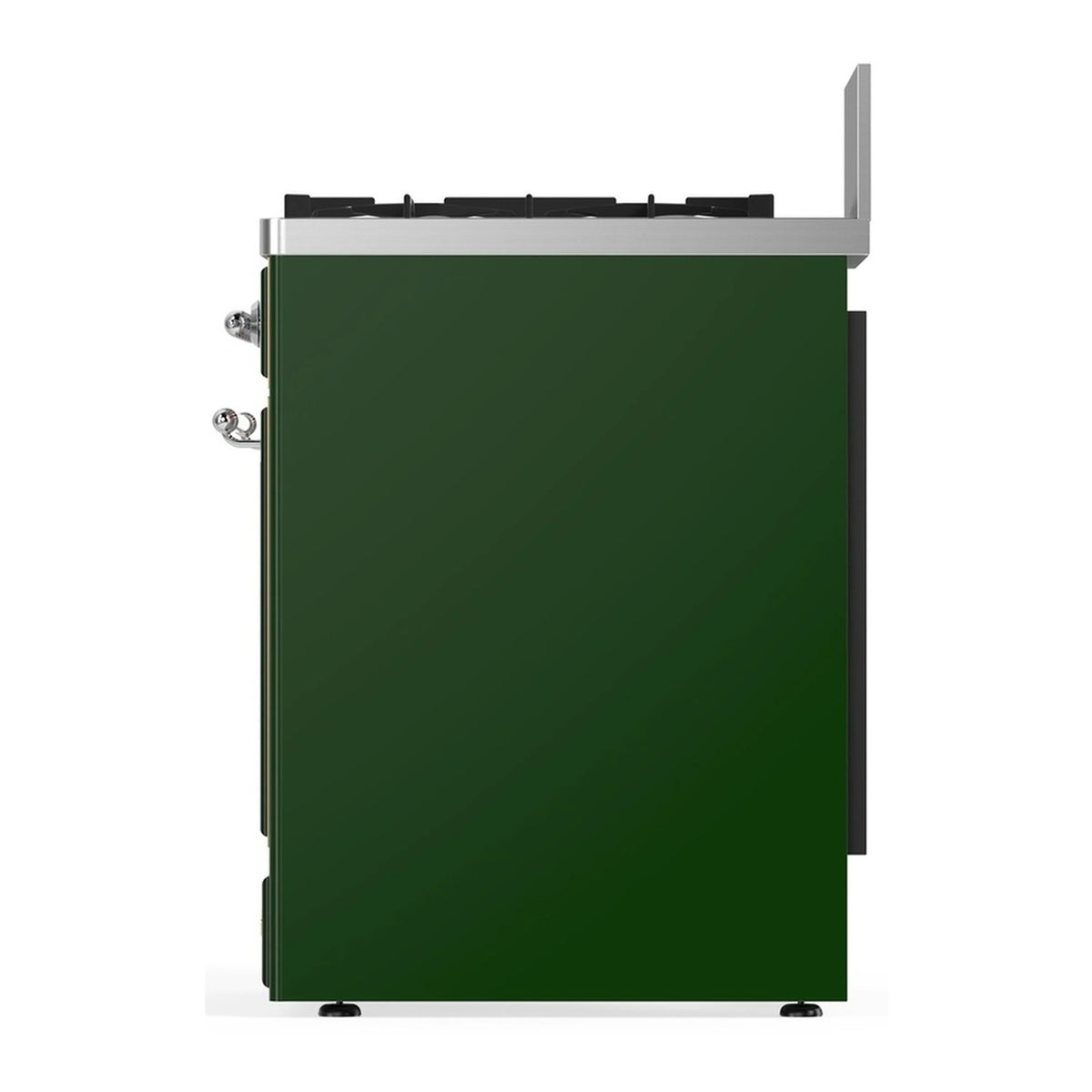 Emerald green dual fuel range rear panel with metal trim and connection points