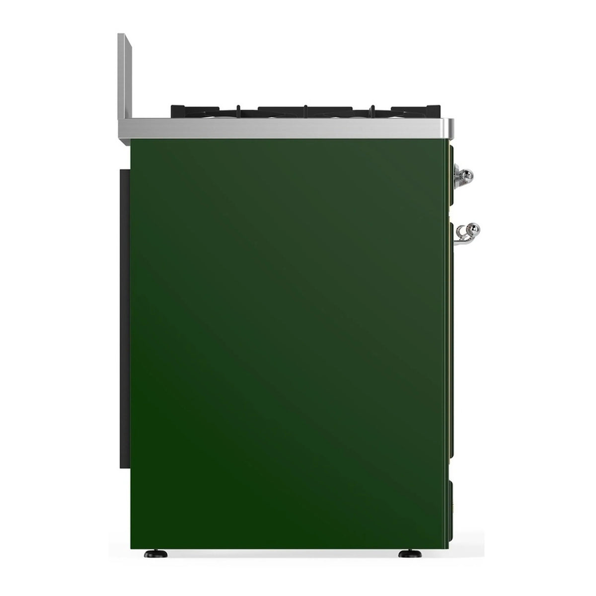 Rear/side view of emerald green dual fuel range with chrome side hardware