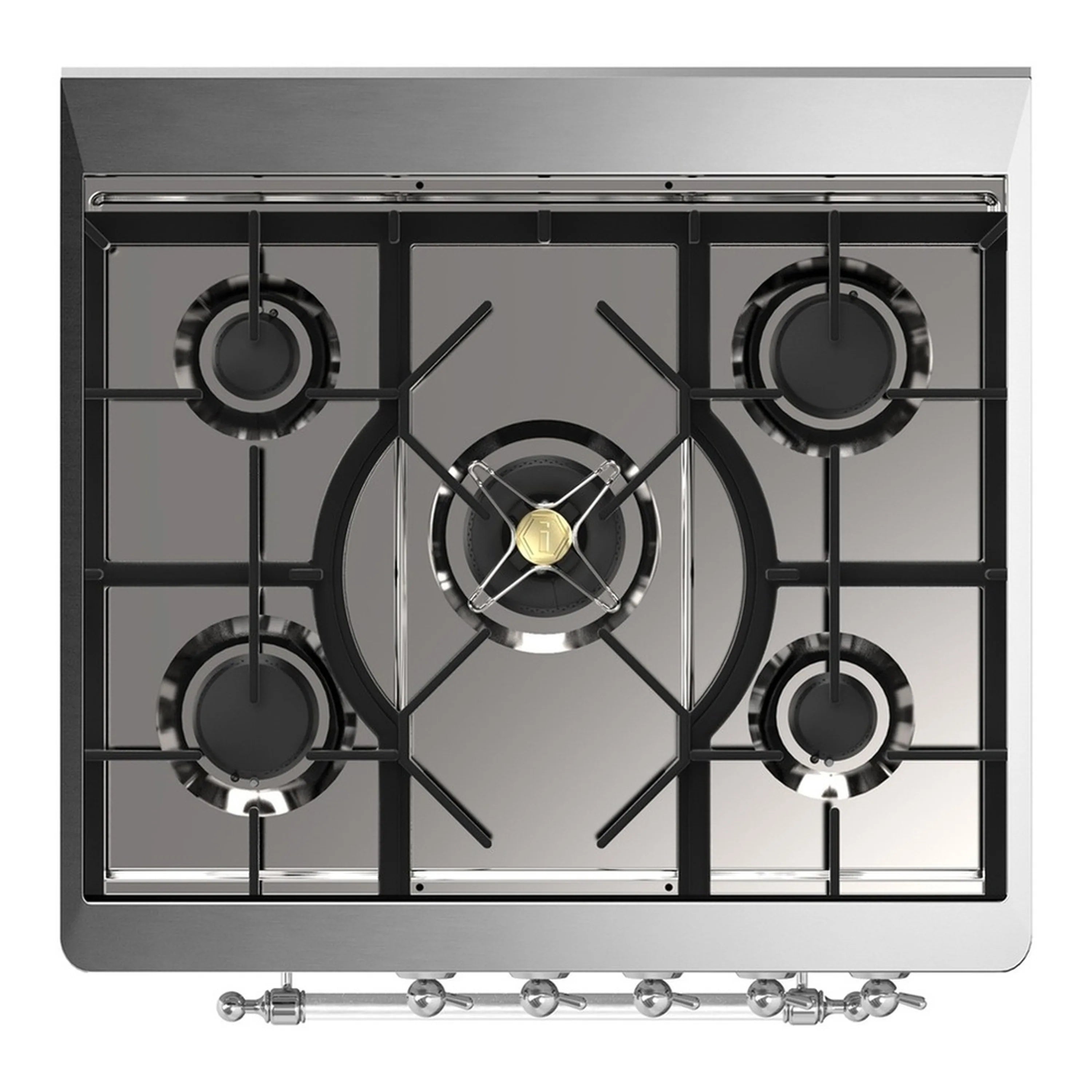 Cooktop burners of emerald green dual fuel range with black grates and chrome supports
