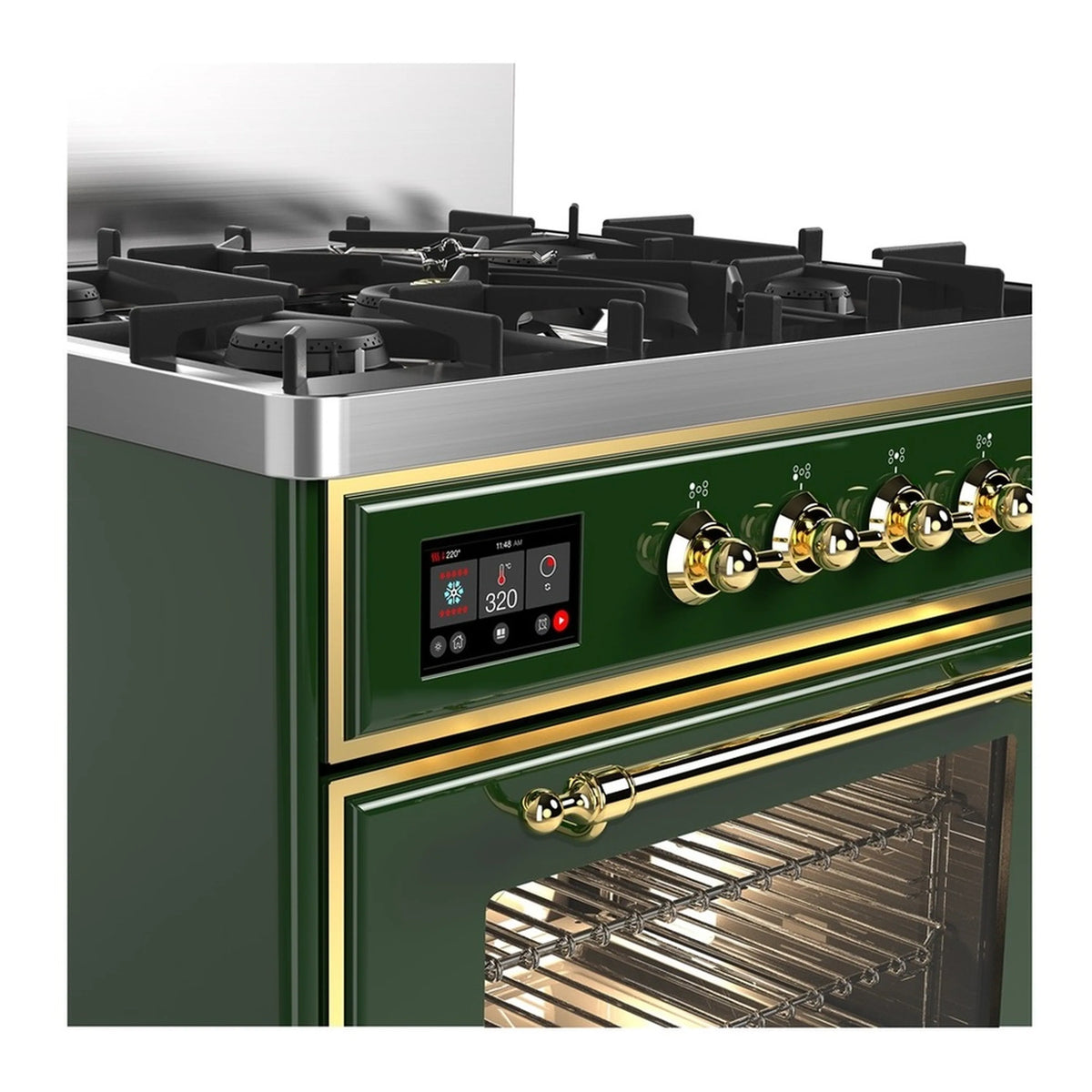 Emerald green dual fuel range with brass trim, control panel, and open oven door.