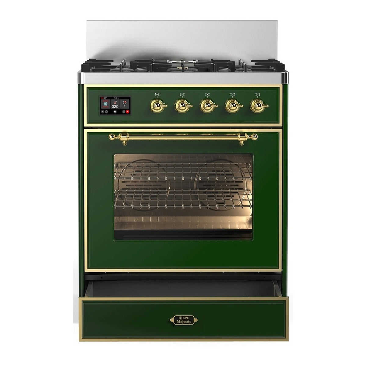 Emerald green dual fuel range with brass knobs and large oven door with glass window.