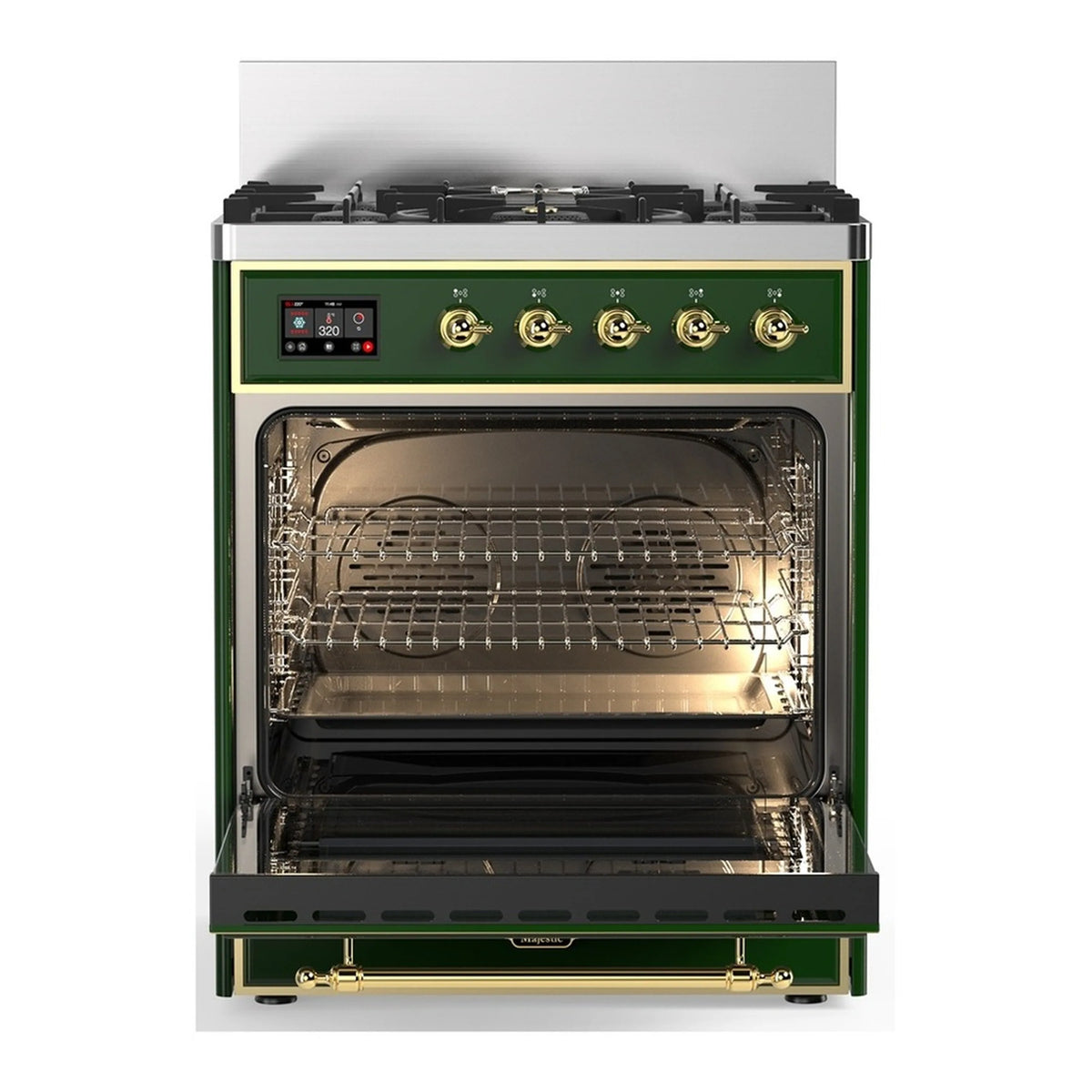 Emerald green oven door open, showing rack inside; brass trim and control panel above.