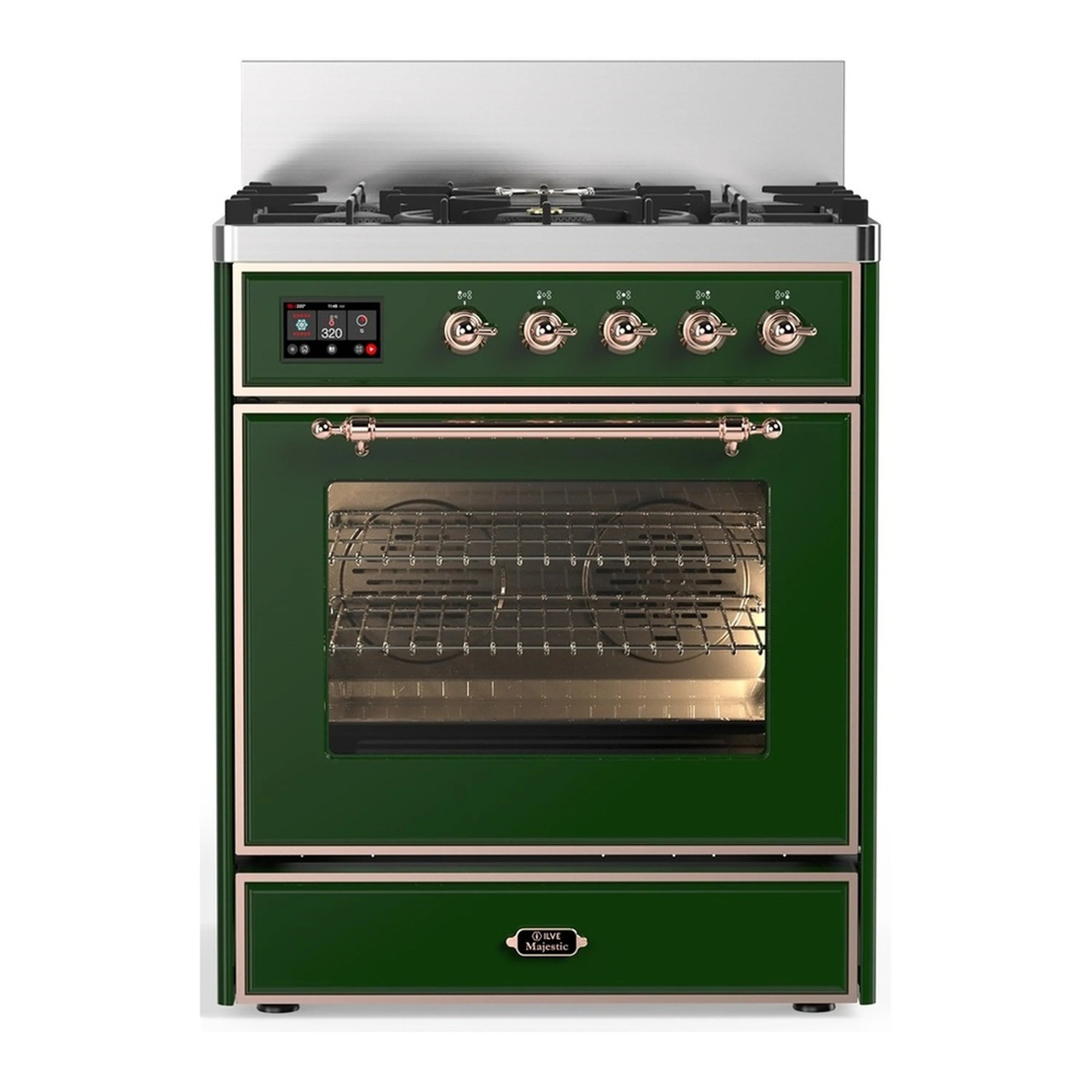Emerald green dual fuel range with copper trim, control panel, and open oven door