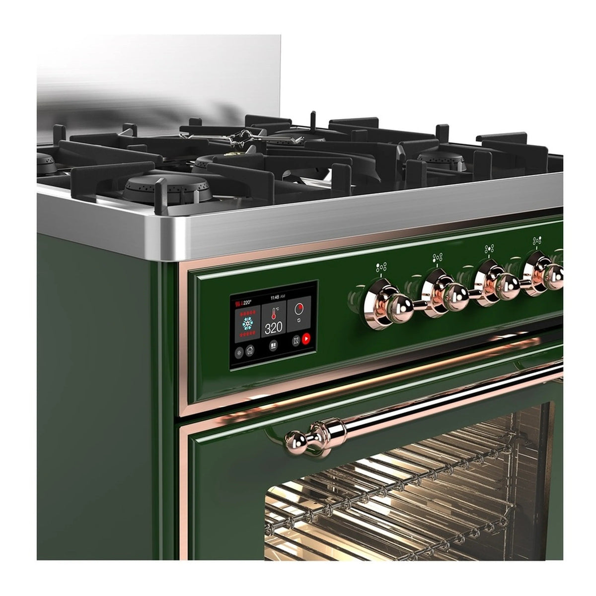 Emerald green range with copper handle, front controls, and oven cavity with racks