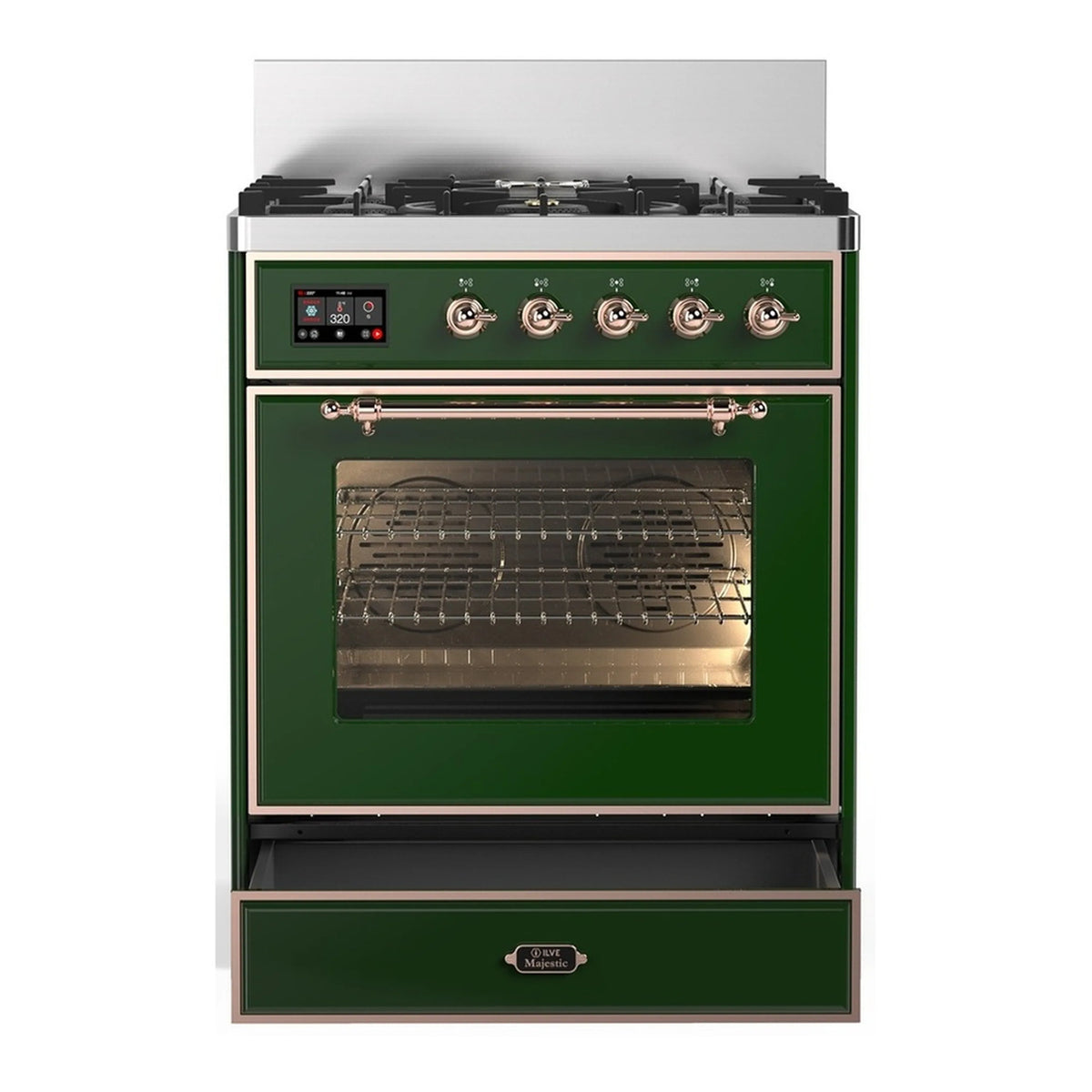 Emerald green dual fuel range with copper trim, oven window, and front control knobs