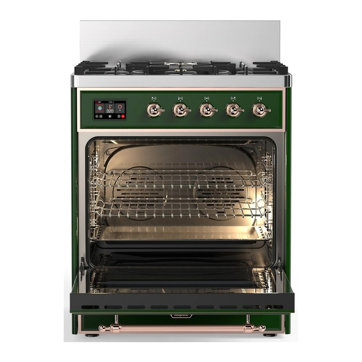 Emerald green oven with copper trim, interior racks visible through open glass door
