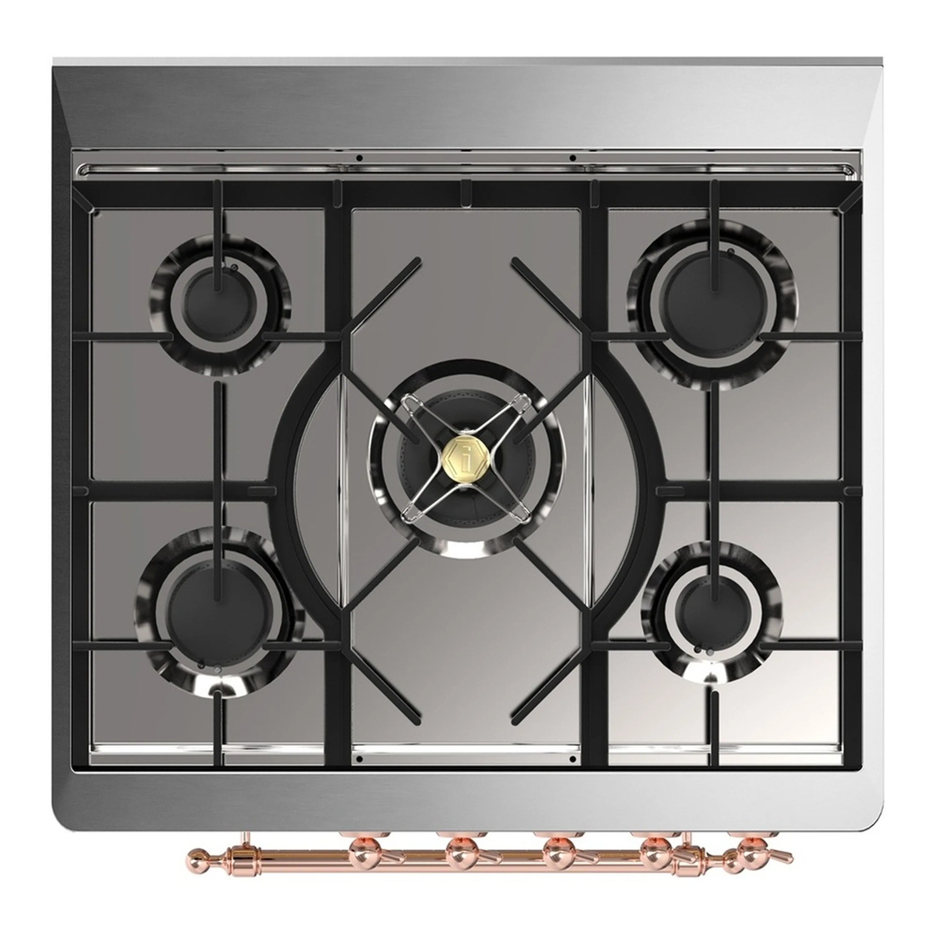 5-burner cooktop on an emerald green dual fuel range with black grates