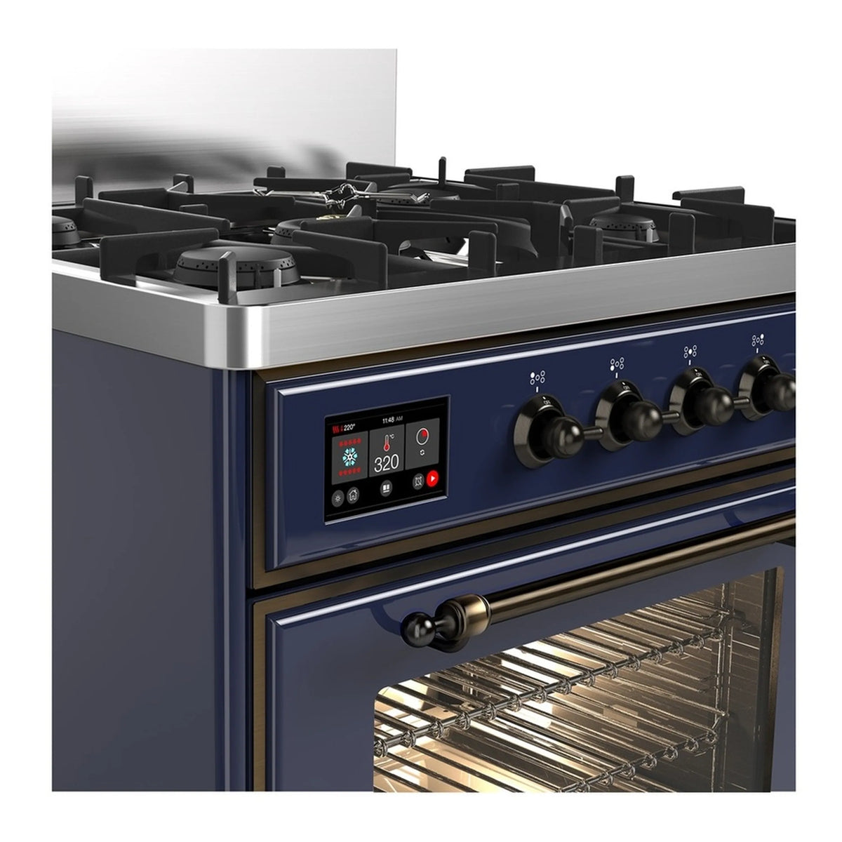 Midnight blue dual fuel range with open oven and 5 gas burners on cooktop