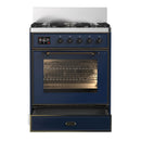 ILVE Majestic III 30-inch Dual Fuel Range with 5 Natural Gas Burner and Triple Glass Door Electric Oven in Midnight Blue with Burnished Trim (UM30NR3MBB)