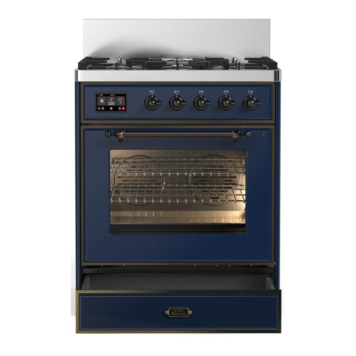Midnight blue dual fuel range with oven door, control knobs, and front storage drawer.